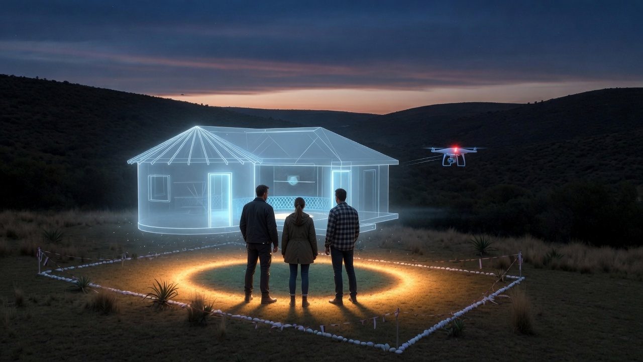 Three adults at a marked pad, a homestead drawn in light