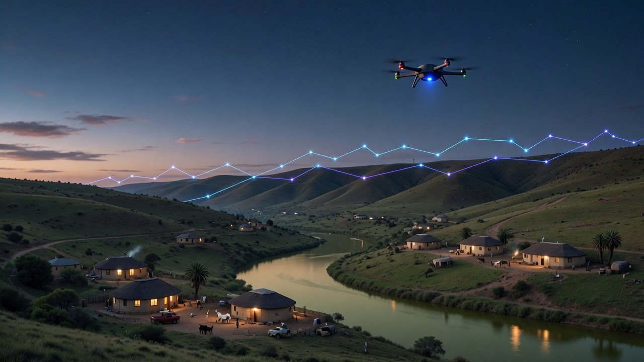 Willowvale valley at dusk, a drone above the river
